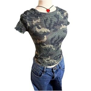 Freshman Juniors Smocked Camo Crop Top Tee XS